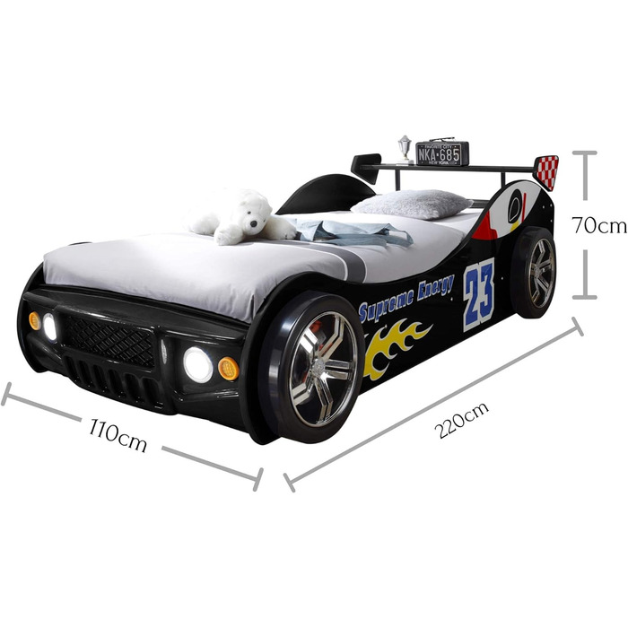 Автомобільне ліжко Stella Trading ENERGY зі світлодіодним освітленням 90 x 200 см - Захоплююче автомобільне ліжечко для маленьких гонщиків в - 105 x 60 x 225 см (W/H/D) (чорний)
