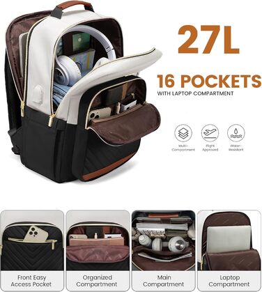 LOVEVOOK Рюкзак для жінок, великий, 15.6 дюймів, сумка для ноутбука, водонепроникний, шкільний рюкзак, для дівчаток-підлітків, чорний, елегантний, для роботи, навчання, подорожей (15.6 дюймів, бежево-чорний-коричневий)