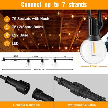 Світлодіодні гірлянди GLUROO G40 гірлянди вуличні гірлянди електричні, пластикові водонепроникні лампи IP45 з потужністю 1 Вт 502 лампочки для саду, веранди, заднього двору, бістро, прикраси для вечірок (45,7 м)