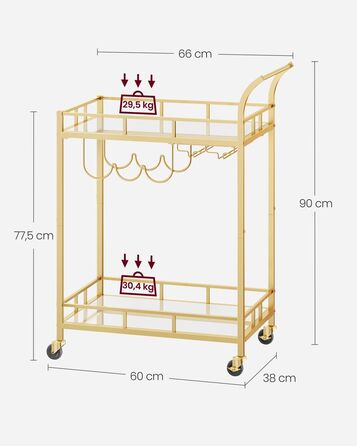 Візок з 2 полицями з дзеркального скла - Gold / 38 x 60 x 90 см