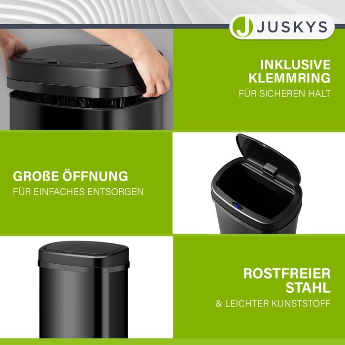 Сміттєвий бак Juskys для кухні з датчиком руху, 60 л, чорний, з кришкою-затискачем для пакетів, нержавіюча сталь, безконтактне відкривання