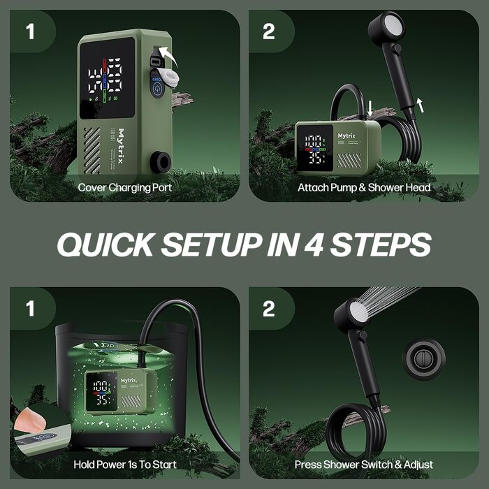 Митрікс Портативна душова система для кемпінгу: 10л/хв, акумулятор 7800mAh, 4 режими, IPX8, для подорожей та автомиття (зелена)