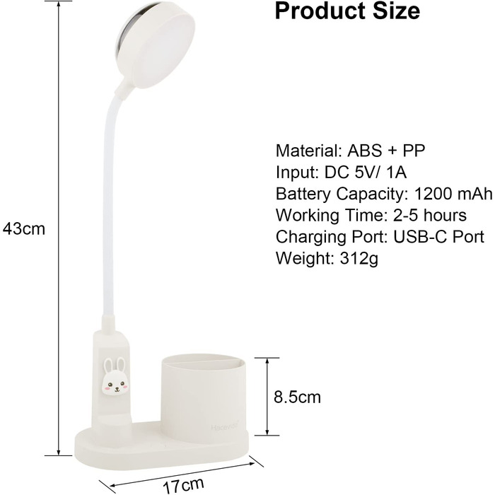Настільна лампа Hacevida дитяча приліжкова лампа з тримачем для ручки, настільна лампа з автоматичною зміною кольору, Світлодіодна лампа для читання з регульованою яскравістю (Біла)