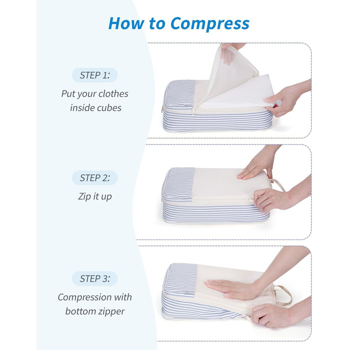 Набір органайзерів для подорожей Narwey (6 шт), компресійні органайзери для валізи та рюкзака, набір пакувальних кубів для одягу, сіро-блакитні смужки