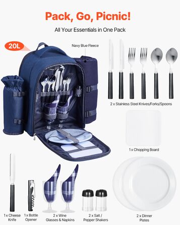 Рюкзак для пікніка VEVOR (20 л) на 2 особи з ізольованим відділенням, тримачем для пляшок/вина, ковдрою та набором посуду для пікніків, походів та кемпінгу, темно-синій