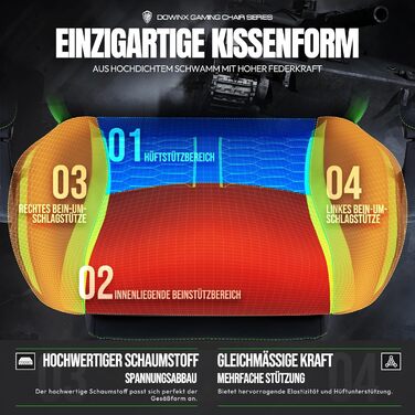 Ігровий крісло Dowinx з підігрівом, масажем, підтримкою попереку, кишеньковим пружинним сидінням та підставкою для ніг. Зелений колір.