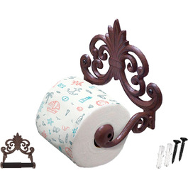 Тримач для туалетного паперу Fleur De Lis з чавуну - настінний тримач для туалетного паперу з чавуну-Вінтажний європейський дизайн - 17,14 x 15,87 x 10,79 см-з гвинтами і дюбелями (іржаво-коричневого кольору)