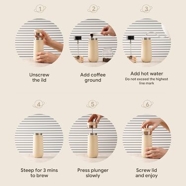 RECAFIMIL Французька кавомашина для подорожей з нержавіючої сталі, 340 мл, для кемпінгу та подорожей, кремовий колір