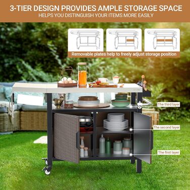 Onlyfire Grilltisch: Робочий стіл для гриля з великою поверхнею, візок для сервірування з колесами, гриль-стіл з відкидними боковими полицями, стільниця з нержавіючої сталі, візок для барбекю, 143.5 × 56 × 91 см, двостулковий