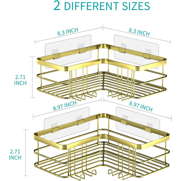 Душова полиця Yazoni без свердління, 2 шт. и - кутова душова полиця з гачком, нержавіюча сталь, золото