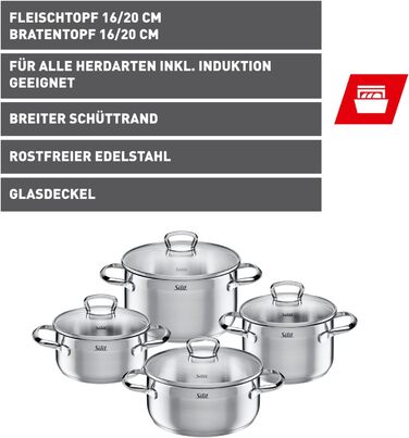 Набір каструль Silit Toskana Induktion 4 шт. з нержавіючої сталі, з кришкою з термостійкого скла, антипригарне покриття відсутнє