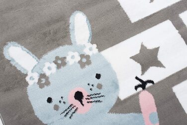 Дитячий килим TAPISO з коротким ворсом, сірий, білий, рожевий, синій, сіро-коричневий, з квітами, місячний кролик, сучасна дитяча кімната, 120 x 170