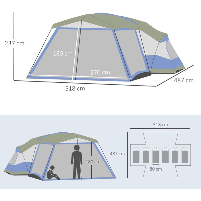 Намет для кемпінгу Outsunny Купольний намет з тамбуром 2 вікна Намет для 6-8 осіб Сімейний намет для трекінгового фестивалю PU3000 мм Скловолокно 518 x 487 x 237 см Синій