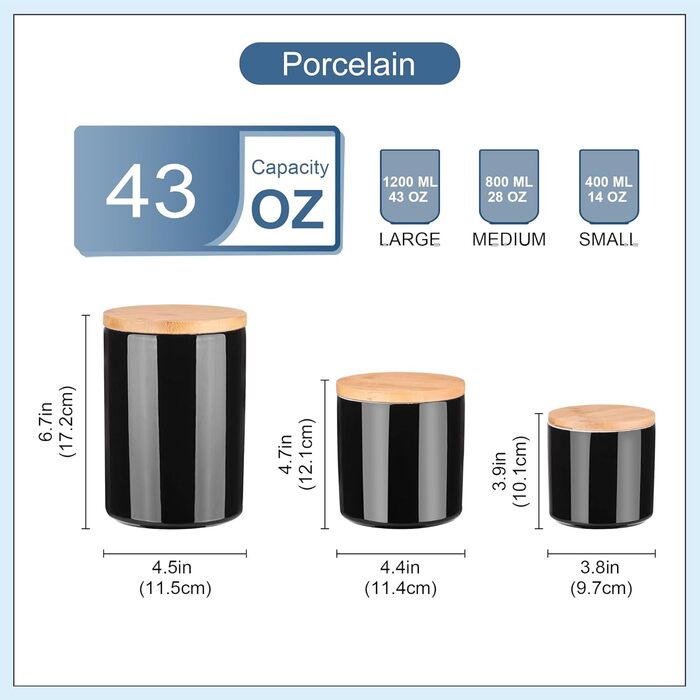 Набір банок для зберігання LOVECASA, порцеляна, герметична бамбукова кришка, набір з 3 шт. , крейдяні написи (чорні)