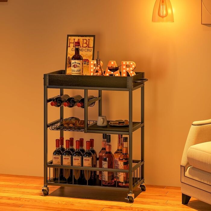 Сервізний візок Huhote з полицею для вина, барний візок, візок для напоїв, візок на колесах, візок для вина в їдальню, кухню, вітальню, бар, вечірку, з імітацією дерева (чорний, металевий кошик)