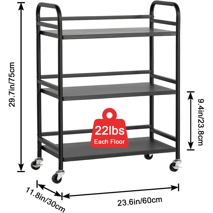 Сервісний візок HDANI з 3 ярусами, металевий, на колесах, 48x30x75 см (Чорний)
