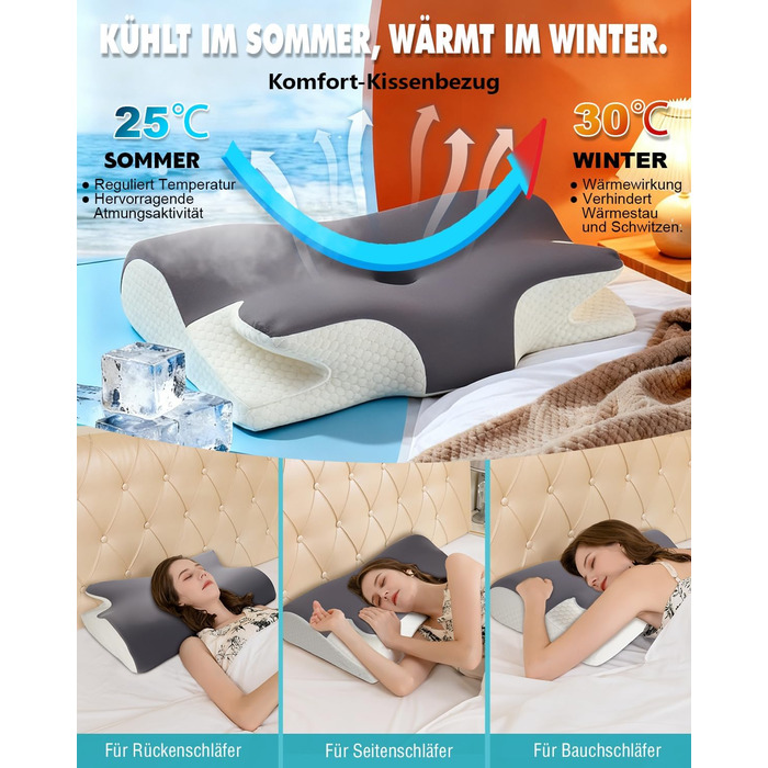 Ортопедична подушка IDEA проти болю в шиї: ергономічна подушка з Memory Foam для сну на боці, спині та животі - для комфортного сну та підтримки шиї (65 x 36 x 11/14 см)