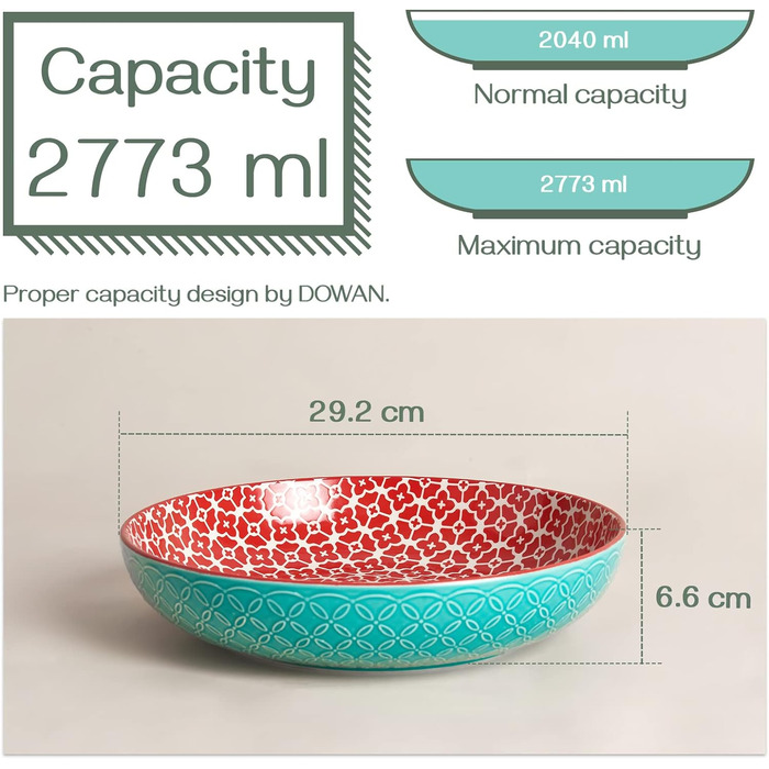 Салатники DOWAN 2000 мл, великі сервірувальні миски 24,1 см Набір з 2 штук, порцелянова миска для макаронів, мікрохвильова піч і посудомийна машина, штабельовані, різнокольорові подарунки до Дня матері, Різдво (29,2 см)