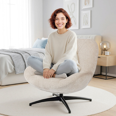 Обертовий м'який стілець, акцентний стілець з наповнювачем з ПП-бавовни, тканинне покриття, сталеве підстав'я, кремово-білий