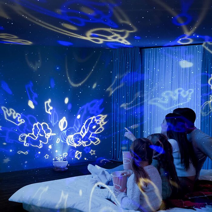 Проектор з зображенням єдинорога MOERAE, дитячий проектор для зоряного неба, що обертається на 360 проектор із зображенням динозавра, з 4 проекційними плівками, для дитячої кімнати, Різдвяний декоративний подарунок (синій)