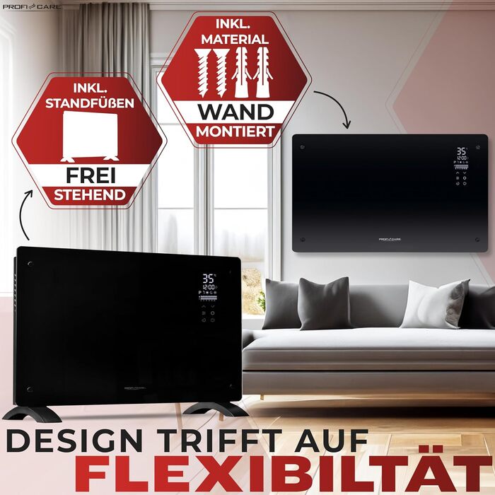ProfiCare® Електричний конвектор з скляною передньою панеллю та X-подібним нагрівальним елементом | Мобільний обігрівач, також підходить для настінного монтажу | Конвектор з 2 рівнями нагріву | Безшумне опалення - 0dB | PC-GKH 3119 чорний