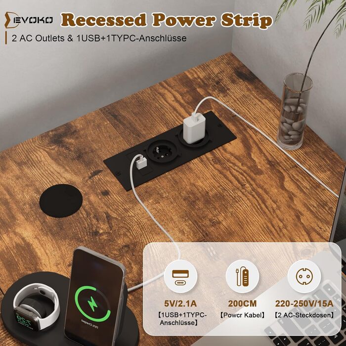 Кутовий стіл Devoko з 4 висувними ящиками з тканини, 2 розетками та 2 USB-портами, для дому та офісу, ігор, білий, 140x80 см