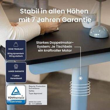 Ерготопія Десктопія Вone – Регульований стіл, електричний, з подвійним мотором, TÜV-сертифікований, 7 років гарантії, пастельно-блакитний