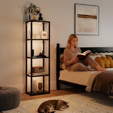 Стійка лампа HOMCOM з RGB підсвічуванням та скляними полицями, 4-рівнева LED-стійка лампа з пультом дистанційного керування, синхронізація з музикою, чорного кольору