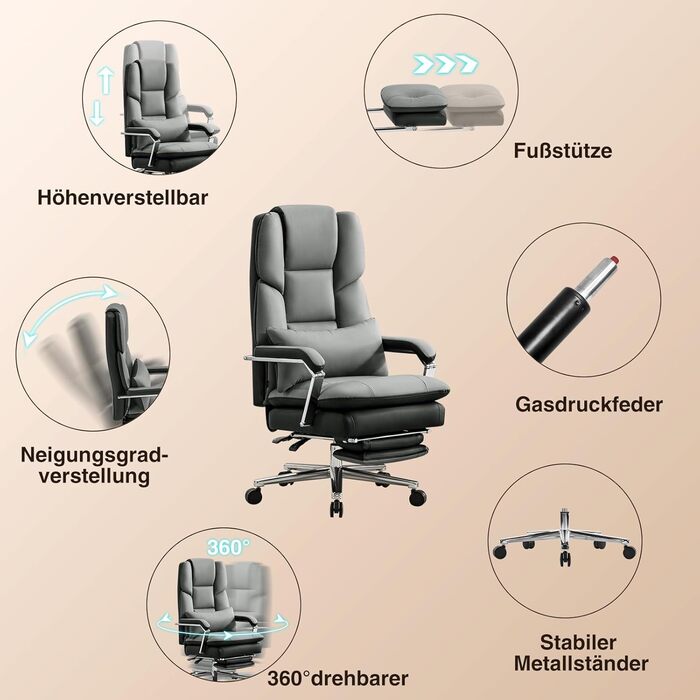 Ергономічне крісло для офісу, шкіра PU, крісло для керівника, 200 кг, з підніжкою та підтримкою попереку, для дому/офісу, регульоване, висока спинка, чорне, 1 шт.