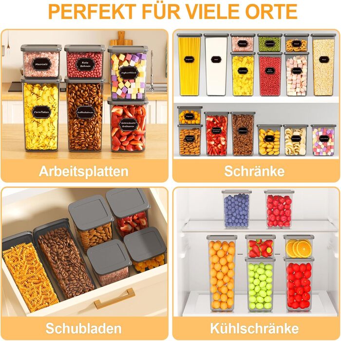 Набір контейнерів для зберігання продуктів 18 шт. з кришкою, герметичні, для кухні, антрацит (до 2,5л)