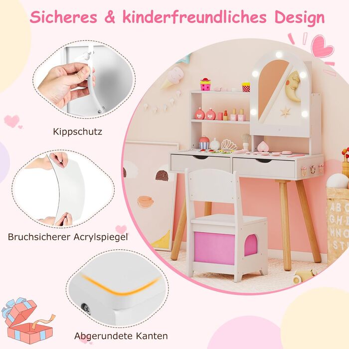 Детський туалетний столик COSTWAY 2-в-1 зі стільчиком та дзеркалом, з LED-підсвіткою, з шухлядами, для дівчаток 3-7 років, колір білий