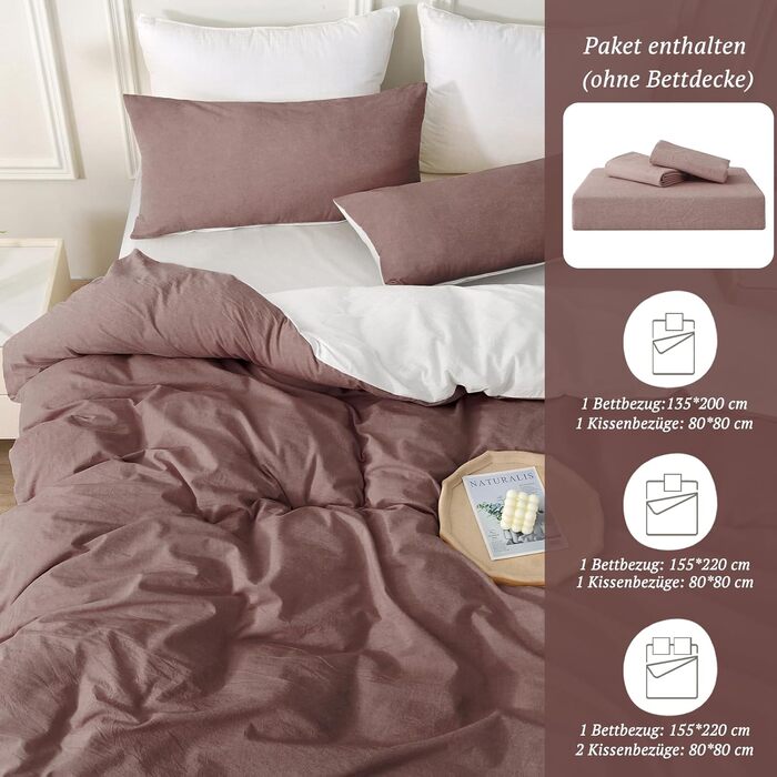 Набір постільної білизни SOULFUL 155x220 з бавовни (4 шт.): 2x 135x200 + 2x 80x80, з блискавкою, текстура як Stone Washed Leinen, цегляно-червоний колір