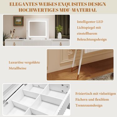 Туалетний столик Merax з дзеркалом та LED-підсвічуванням, з поличкою, 6 висувних ящиків, золоті ручки, білий, 102x100x41.5 см (без табурета)