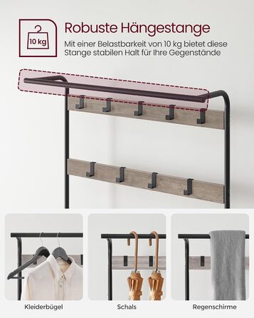 Стійка для одягу VASAGLE з полицею для взуття, 4-в-1, 9 знімних гачків, штанга для одягу, для передпокою, 33.7 x 72 x 183 см, індустріальний дизайн, горіхово-чорний колір