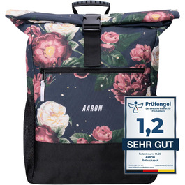 Рюкзак AARON Rolltop для жінок і чоловіків, з відділенням для ноутбука, включаючи тримач AirTag, денні рюкзаки, рулонний рюкзак з переробленого ПЕТ для UNI, подорожей, повсякденного, ролтоп-рюкзака в чорному кольорі та квітах