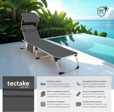 Шезлонг Tectake з дахом, балконний шезлонг з алюмінію, складний садовий шезлонг, стійкий до погодних умов, шезлонг для саду, кемпінгу та пляжу, регульована спинка, подушка для голови, бічна кишеня - сірий меланж (сірий)