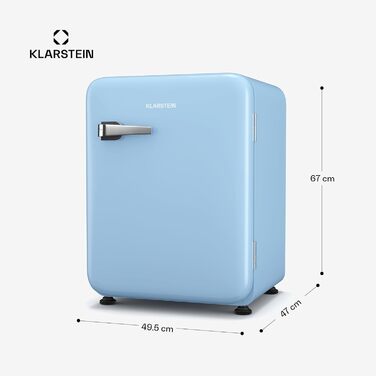 Холодильник Klarstein Audrey Evo 68L: Ретро-дизайн, тихий (40 dB), компресор, регульовані ніжки, двері, що відкидаються, для спальні та офісу (68 л, енергоклас E, блакитний)