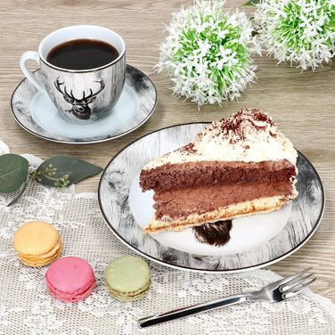 MamboCat Alois - кавовий сервіс на 6 осіб, 18 предметів, біле фарфорове посуд з декором оленів, 6 чашок 200 мл, 6 підставок та тарілки для сніданку та кави