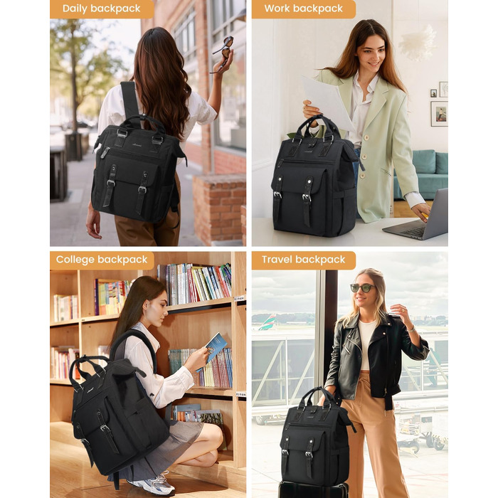 LOVEVOOK Рюкзак жіночий, чорний, 15.6 дюймів, водонепроникний, для школи, університету, роботи, подорожей, з USB-кабелем