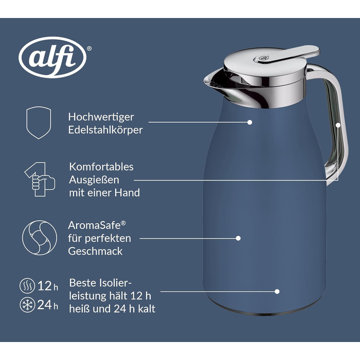 Термос Alfi SKYLINE 1.0л, пастельний колір, нержавіюча сталь з гігієнічним скляним вкладишем, обертовий замок з зручною кнопкою, ергономічна ручка, ідеальний для кави та чаю, BPA-free (1000 мл, Deep Water Mat)