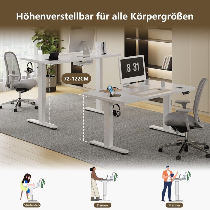 Регульований стіл, 160x80 см, електричний стоячий стіл з подвійним мотором, сенсорна панель, USB-A, кабель-менеджмент, стільниця 25 мм, ергономічний офісний стіл, білий