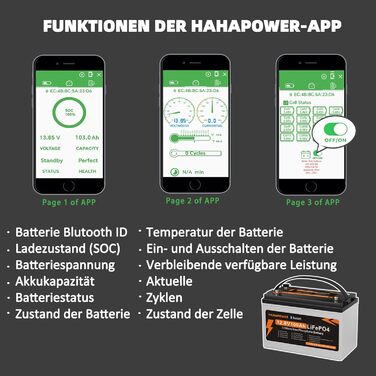 Акумулятор Hahapower 12.8V 100Ah Bluetooth LiFePO4, розумне живлення, захист від холоду, 15000 циклів, 150A BMS, для автофургонів, сонячна батарея