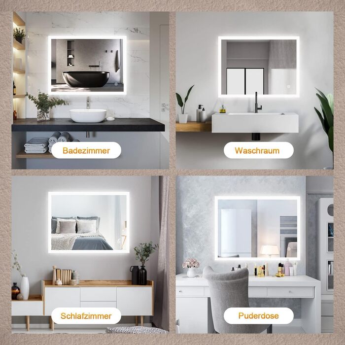 Дзеркало для ванної кімнати Boromal з підсвічуванням 80x60 см, 3 кольори світла, регулювання яскравості, LED, сенсорне керування