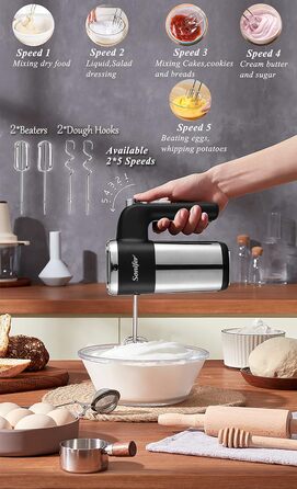 Ручний міксер Sonifer 500W з нержавіючої сталі, 5 швидкостей + турбо, 2 гачки для тіста, 2 вінчики, миється в посудомийній машині