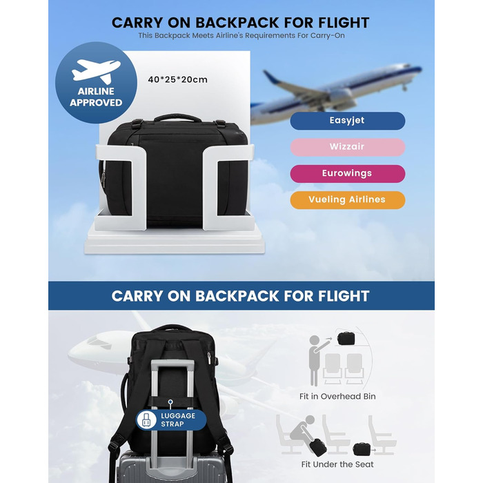 LOVEVOOK Рюкзак ручної поклажі 40x20x25 для Ryanair, 20L, рюкзак для подорожей, для ноутбука 14 дюймів, чоловічий/жіночий, з відділенням для мокрого та сухого, чорний