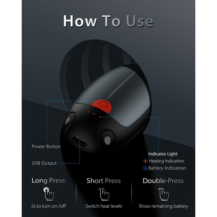 Електричні грілки для рук VTHW 2 шт. - перезаряджувані, USB, 20 годин тепла, 3 рівні температури, для спорту та артриту (Сірий)