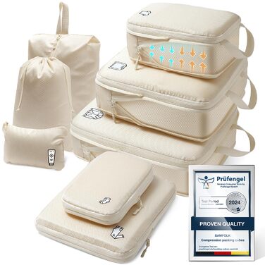 Набір органайзерів для подорожей у валізу з компресією, 8 шт, водонепроникні пакувальні куби для ручної поклажі та рюкзака, бежевий