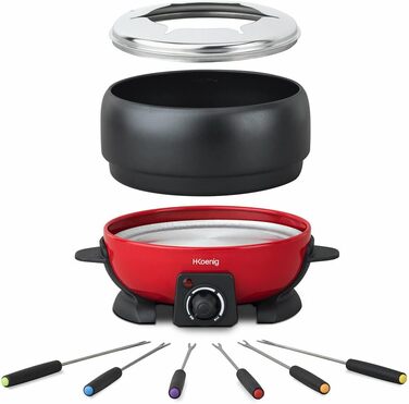 Електричний фондю-набір H.Koenig ALP1800 з нержавіючої сталі, 2L, 6 виделок, для шоколаду та сиру, антипригарне покриття, кришка від бризок