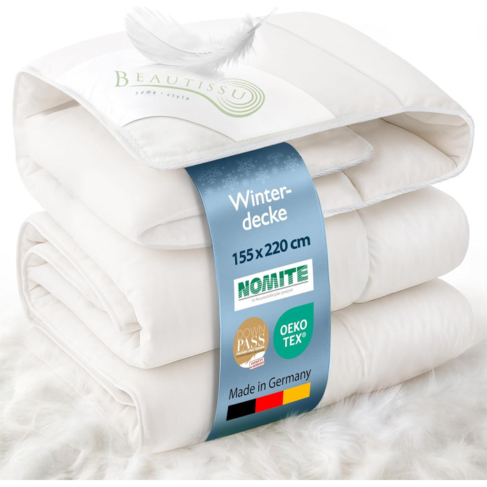 Пухова ковдра Beautissu для всієї пори року з 100% пуху та пера – Made in Germany – Сертифікація Oeko-Tex, Downpass & Nomite – 100% бавовняний чохол, 135x200 см, пральна машина, зимова ковдра 155x220 см