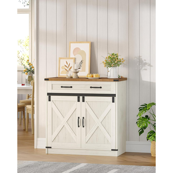 Кухонна шафка Hzuaneri з шухлядою, шафа для зберігання з 2 дверцятами, регульовані полиці, стиль кантрі, для кухні/вітальні, вінтажний коричнево-білий SC94814X (40x80x80 см)